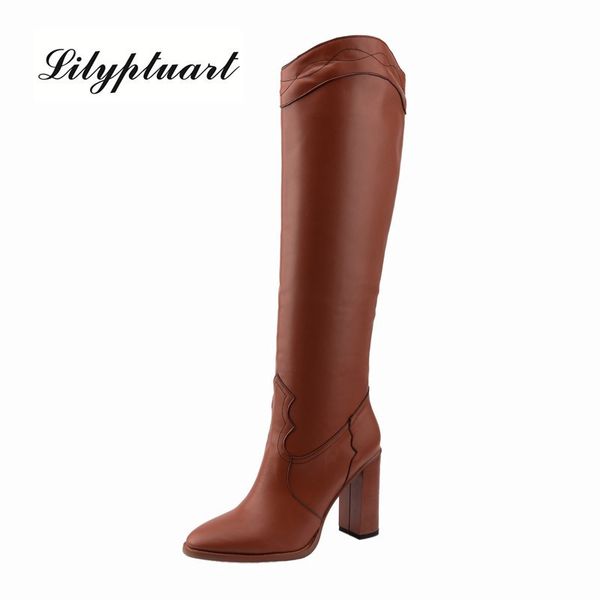 

european and american style round toe knee boots super high thick heel set foot fashion boots large size thigh high boots 201020, Black