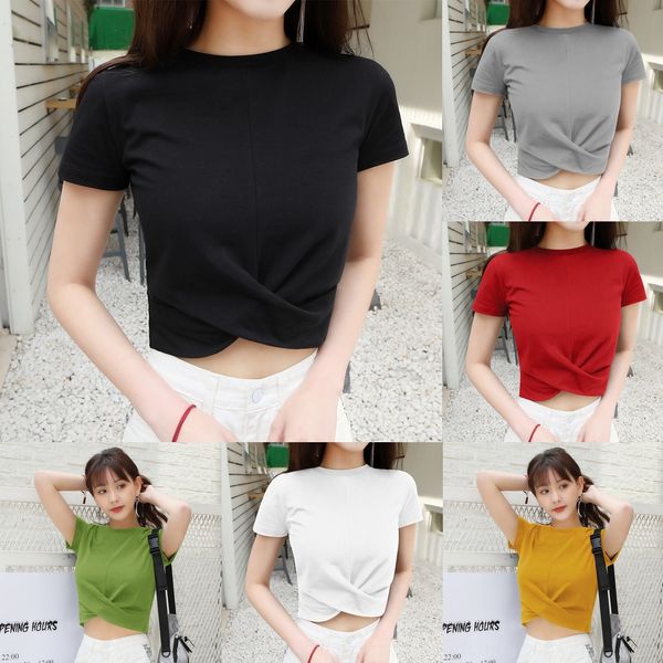 

женские короткие рукава 2020 летних нового корейский стиль тонкого высокой талии сплошного цвета хлопка коротких модно футболка футболка кру, White