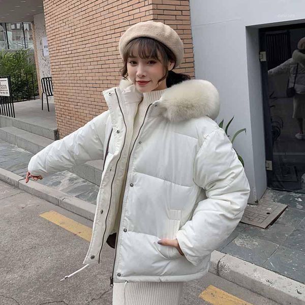 

lucyever fashion parkas winter jacket women solid big fur collar thicken hooded parka woman wild casual warm cotton coat female1, Black