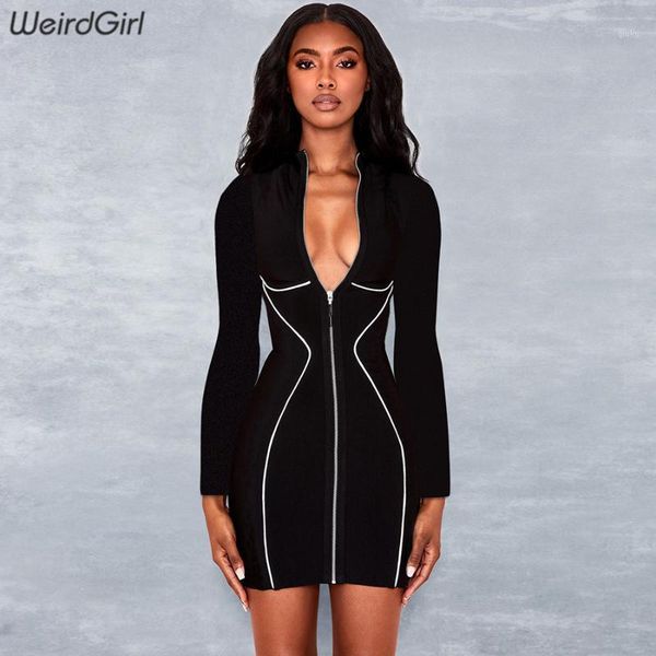 

weirdgirl women sheath striped reflective dress zipper full sleeve bodycon dress fashion skinny elastic mini lady new autumn1, Black;gray