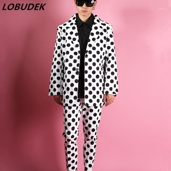 

2 pieces suit men's black white dots blazer pants set fashion tide male singer punk hip hop suits bar nightclub stage costume1, White;black
