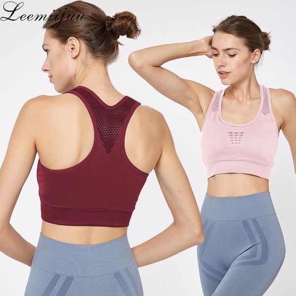 

yoga outfits leemiijuu sports bra women mesh brathable sport push up female gym fitness underwear seamless mujer running bra1, White;red