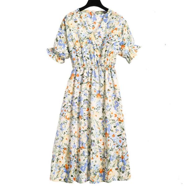 

chiffon spring summer dress women elastic waist v-neck splice pullover print floral sweet slim vestidos femme clothing 2021, Black;gray