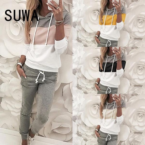 

casual patchwork women set hoodies 2 pieces outfits spring two pieces and long pant tracksuits, Gray
