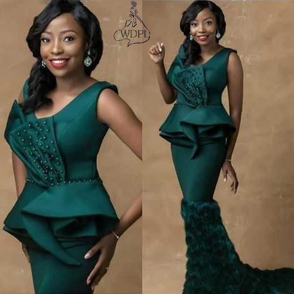 

2021 african hunter green mermaid prom dresses ruffled pearls sweep train evening formal dress black women pageant gowns robes, Black;red