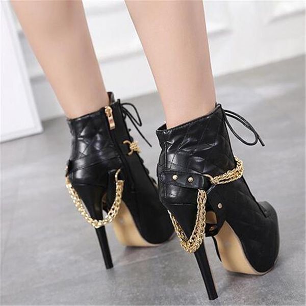 

boots spring woman stilettos round head metal chain platform women shoes with thin heel 14cm ankle women's high, Black