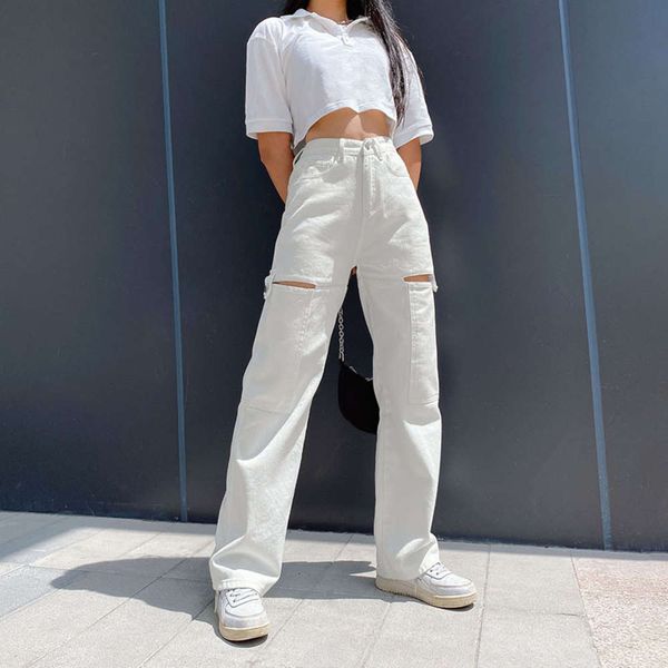 

2020 women's summer new high waist wide leg jeans zipper cut-out featur straight tube mops, Black;gray