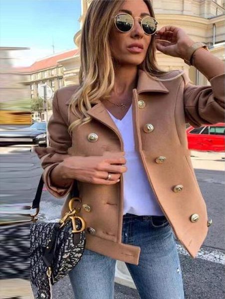 

women lead both row button woolen loose coat soild color overcoat fluffy warm outerwear drop shipping, Black