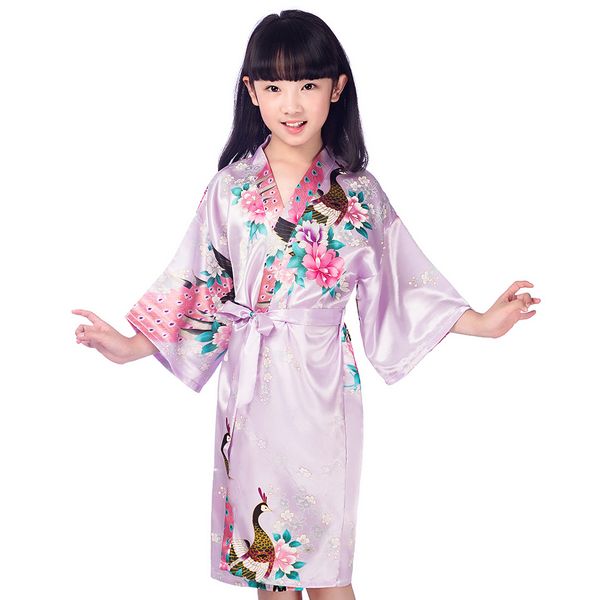 

purple kid satin floral kimono robes bridesmaid flower girl dress children bathrobe sleepwear baby child home dressing gown, Black;red