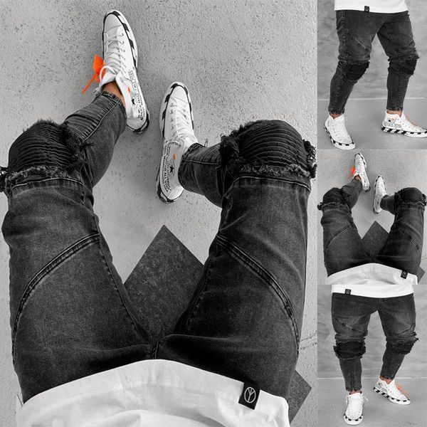 

mens fashion youth perforated zipper small leg jeans casual skateboarding male pants denim jeans clothing wholesale, Blue