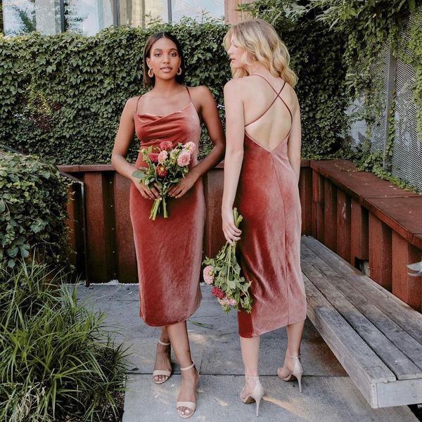 

classy velvet country backless bridesmaid dresses spaghetti straps wedding guest dress tea length sheath maid of honor gowns p14, White;pink