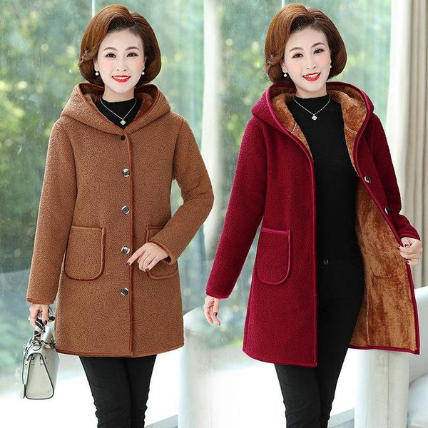 

women's wool & blends 2021 winter coat middle-aged and elderly jackets korean mid-long hooded single-breasted plush thick warm overcoat, Black