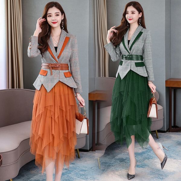 

autumn 2019 new style elegant bottom color matching fashion suit autumn new mesh with two pieces of irregular waist mesh skirt eia5z, Gray