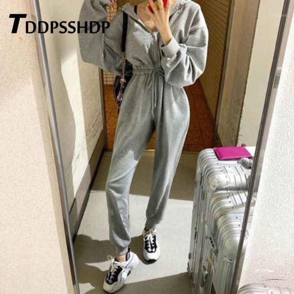 

2019 spring casual black white grey color women jumpsuit do exercise elastic waist female playsuit1