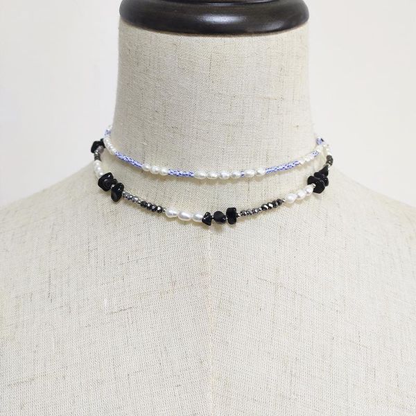 

fashion exquisite blue bead short necklace natural freshwater pearls mix and match boho style jewelry handmade adjustable choker, Golden;silver