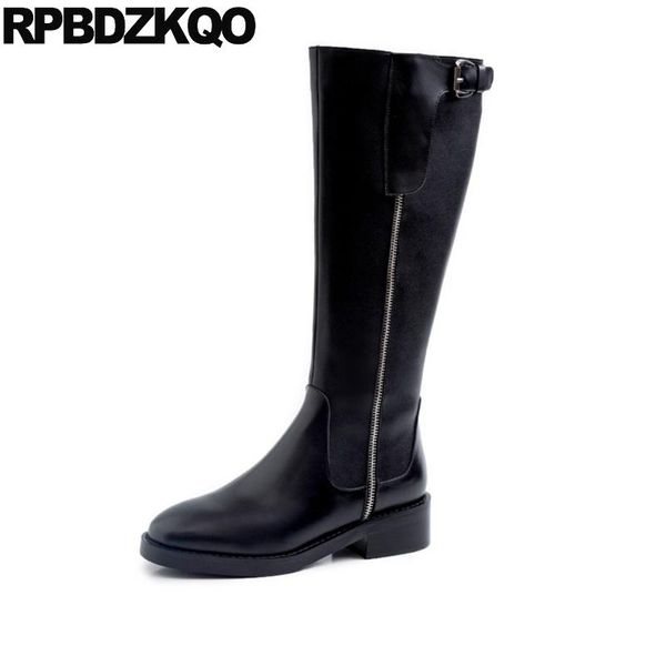 

boots shoes winter riding genuine leather equestrian round toe long tall women knee high designer side zip black chunky belts