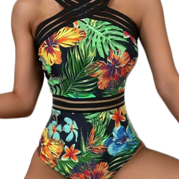 

women's leaves printed swimsuit classic sleeveless high waist one piece bikini female fashion monikini swimwear beachwear, White;black