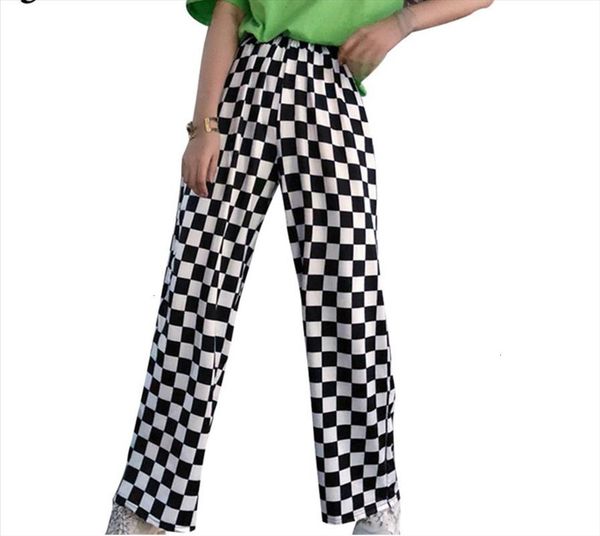 

плед-стрит одежды женские брюки эластичные талии полная длина клетчатые черные и белые повседневные свободные прямые брюки, Black;white