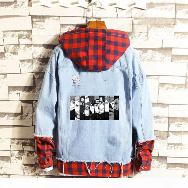 

naruto cartoon print denim jackets men cowboy bomber jacket jean jacket hip hop cartoon print plaid hooded coats, Black;white