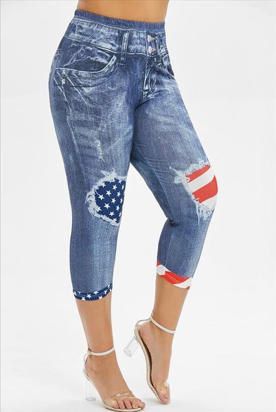 

fashion women high waist long pants plus size 3d jean print american flag leggings casual pant skinny legging 5xl, Black