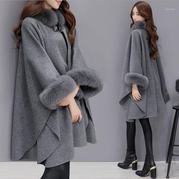 

2020 winter womens cloak big fur collar plus size wool coat long winter jackets parka coats outerwear1, Black