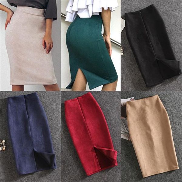 

10 colors women skirts plus size knee length pencil skirt female vintage suede split skirts jupe femme faldas mujer, Black