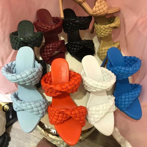 

2021 brand design ladies slipper women handmade weave open toe slip on slides thin heels party dress sandal big size 35-42 #0h3p