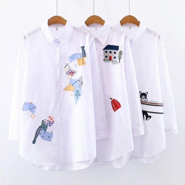 

spring women blouses cartoon embroidery shirt casual long sleeve white blouse lady office plus size cotton