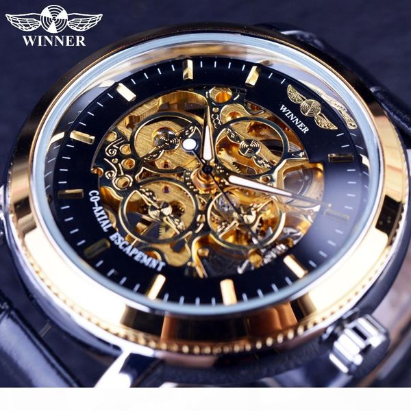 

победитель 4 кольцо прозрачный чехол назад черный золотой скелет мужские часы top brand men наручные часы, Slivery;brown