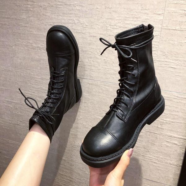 

2020 women's short boots spring and autumn single boots thick-soled lace-up martin ladies zipper increase, Black