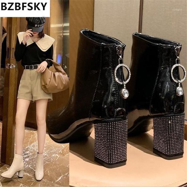 

boots square toe short woman 2021 fall/winter shoes women high heeled rhinestone chunky heel female booties large size1, Black