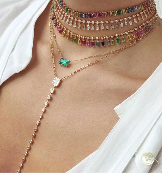 

ankelly popular cubic zirconia baguette pulling chain necklace for women adjustable length trendy geometric necklaces, Golden;silver