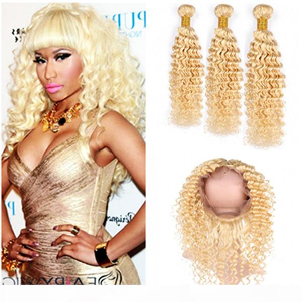 

virgin peruvian blonde human hair 3bundles with 360 frontal 4pcs lot deep wave #613 pure color 360 lace band closure with weaves extensions, Black;brown