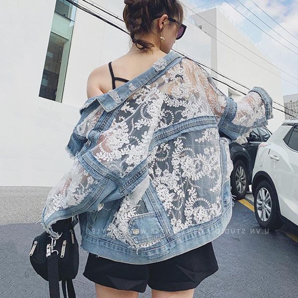 

women's jackets streetwear lace patchwork jean hole denim jacket coat women oversized long sleeve perspective flower embroidery loose o, Black;brown