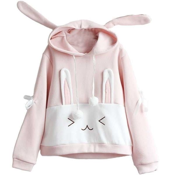 Hoodie Mulheres Cute Bunny Streetwear Manga Longa Hoodie Adorável Coelho Feminino Com Capuz Sweatshirts Loose Tamanho Lovely 201031