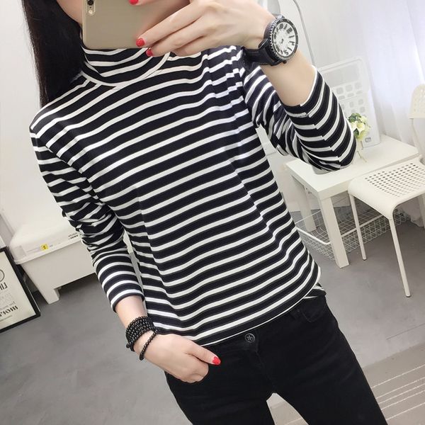 

fatten t- and bigger size mm2019 spring and autumn new cotton t-shirt high collar striped bottomed shirt women's long sleeve dfauf d, White
