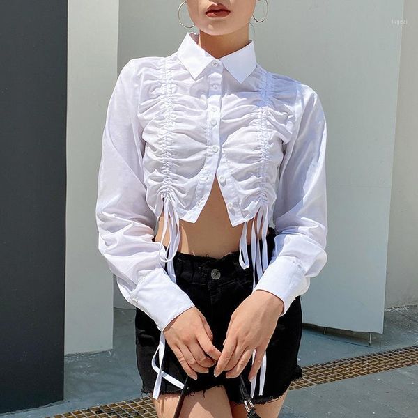 

2020 korean style spring autumn women turn down collar and blouse long sleeve drawstring office elegant shirts 1, White