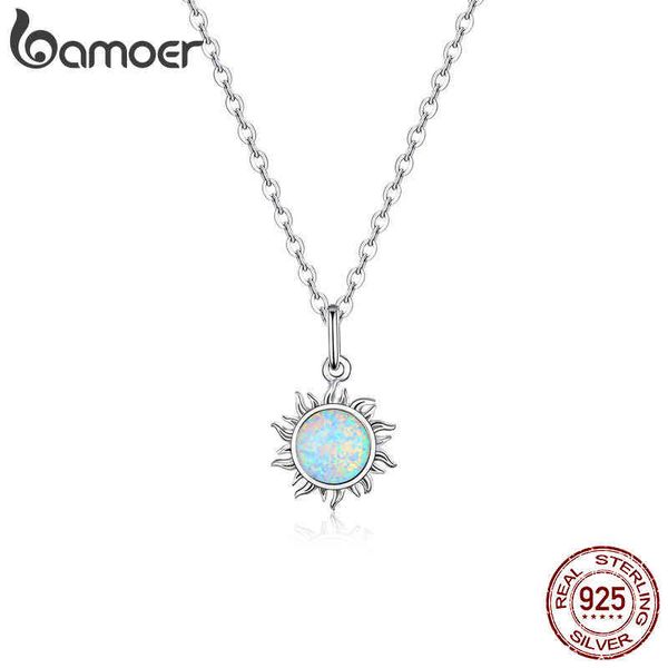

bamoer authentic 925 sterling white opal sun pendant necklace for women chain link necklaces silver 925 jewelry 17.71''