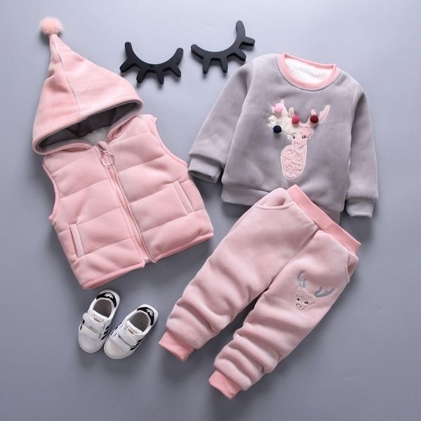 

children's clothing sets winter baby girl clothes suit for toddler autumn warm hooded 3pcs vest + long sleeves + pants 1-3 year 201031, White