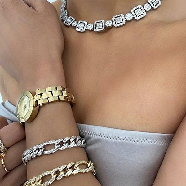 

baguette cluster tennis chain necklace new silver color baguette and cluster link cz iced bling chain choker for man women 201013
