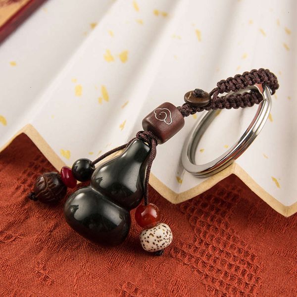 

obsidian auspicious cloud small gourd pendant ring creative car man and woman key chain keyring, Silver
