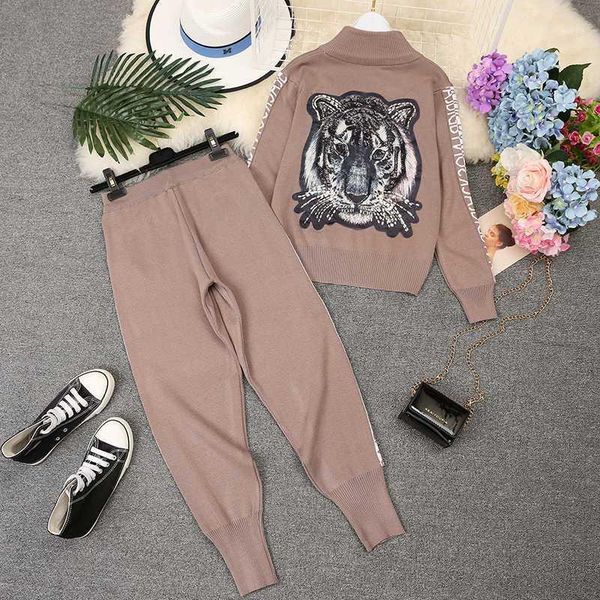 

amolapha woman sequins tiger zipper knit jacket sweaters+letters pants 2pcs sets long sleeve woman handmade tracksuit1, White
