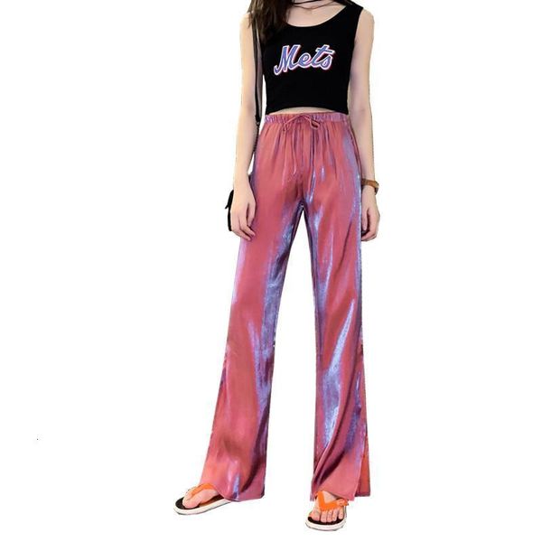 

lady bling bling bright shine straight pants women fashin high street side leg split pants wide leg ripped loose leggings, Black;white