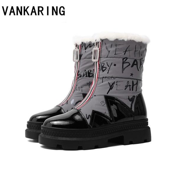 

мода передней молнии кожа мех + вниз зимой теплые ботинки для женщин снегов сапог женской платформы россии зима большого размера, Black