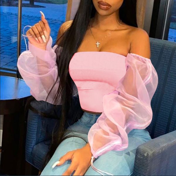 

new streetwear long sleeve t-shirt party bodycon cropped women one-neck see strapless mesh shirt through imlwd, Black