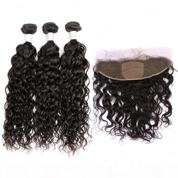 

peruvian water wave virgin human hair wefts with silk frontal wet and wavy 3bundles with silk base 13x4 lace frontal closure part, Black;brown