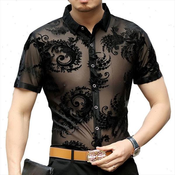 

2021 new short sleeve summer prom transparent shirt camisa masculina chemise homme flower see through shirt paisley pattern, White;black