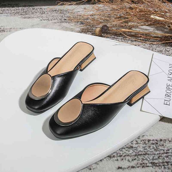 

big slippers 41-43 size women slip-on mules chunky med high heel slides female metal buckle flipflops cover head zapatos mujer, Black