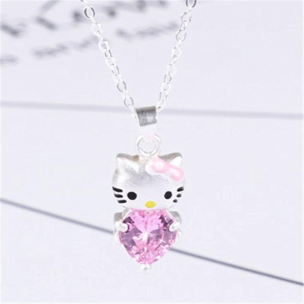

pink love heart shaped zircon pendant kitty cat cat necklace sweet and cute clavicle chain, Bronze;silver