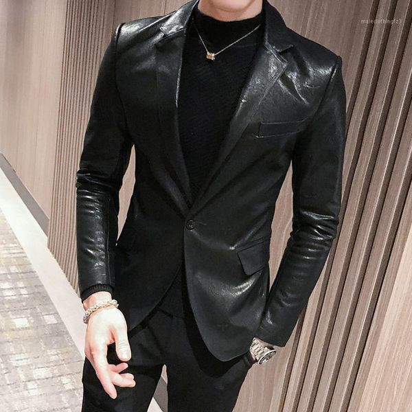 

men's suits & blazers faux leather mens blazer luxury double breasted pu male fashion embroidery single slim fit man1, White;black